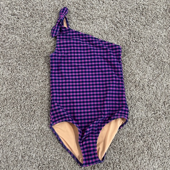 Crewcuts purple gingham one shoulder swimsuit size 10 - Picture 1 of 5